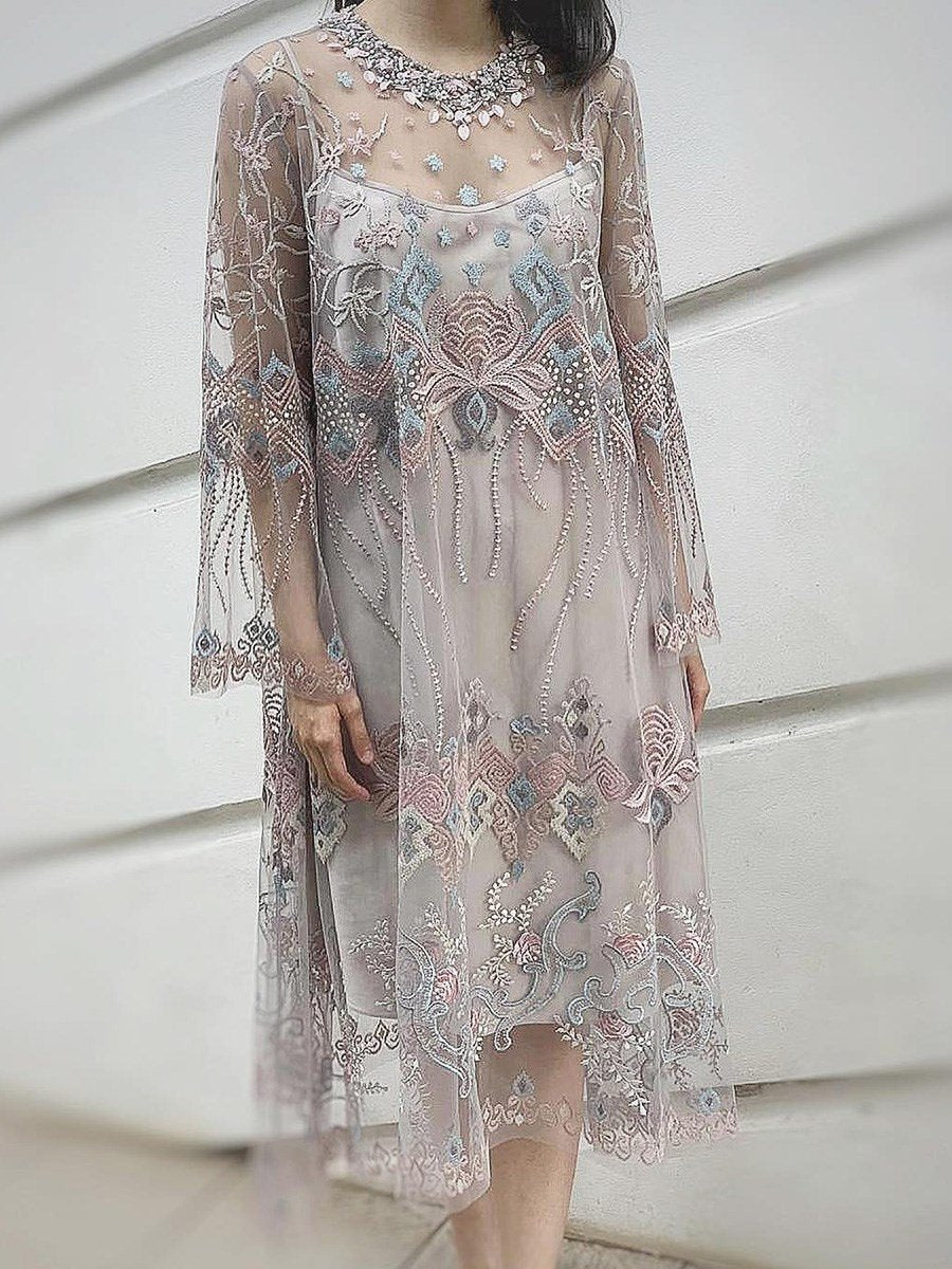 Round Neck Mid-Calf Embroidery Regular Pullover Dress