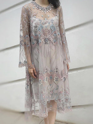 Round Neck Mid-Calf Embroidery Regular Pullover Dress