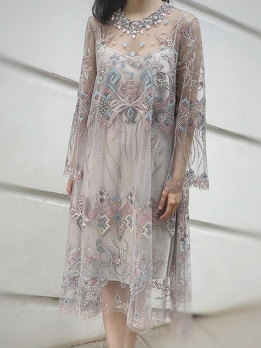 Round Neck Mid-Calf Embroidery Regular Pullover Dress