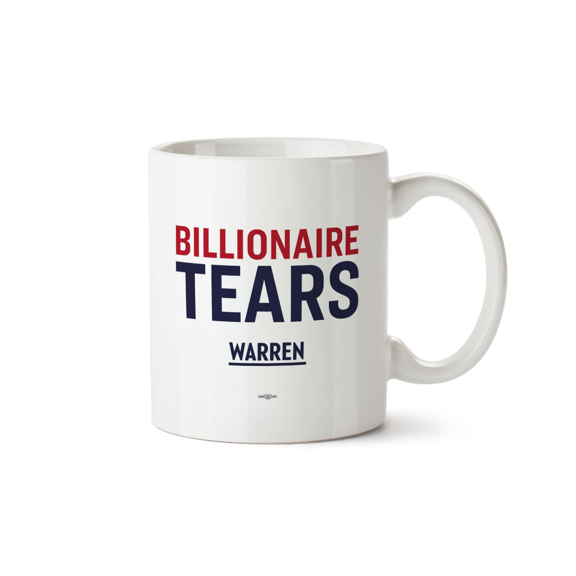 White mug with the words Billionaire Tears in Red and Blue type.